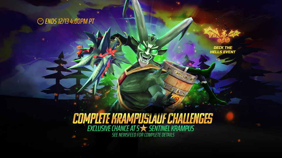 Krampuslauf (Boss Run) - Exclusive Chance at 5★ Sentinel Krampus in Iron Maiden Legacy of the Beast. battle bosses to complete event challenges and earn rewards such as Warrior Awakening Shards, Zodiac Monkey Talismans, Menacing Souls, Unholy Horns, Bloody Icicles and more!