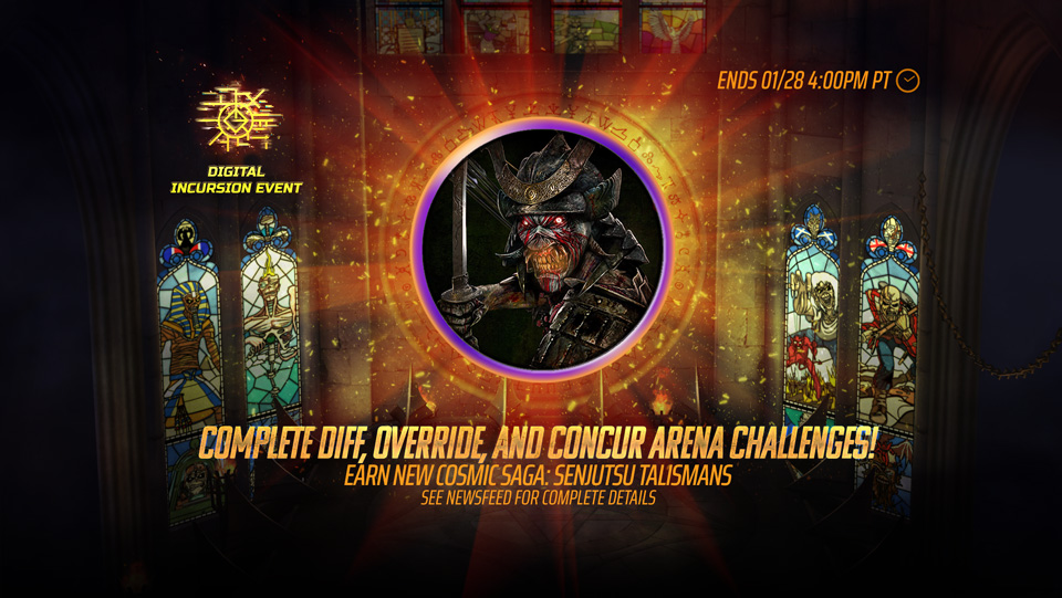 Complete Diff Override and Concur Arena Challenges! Earn new Cosmic Saga: Senjutsu Talismans in Iron Maiden Legacy of the Beast mobile game