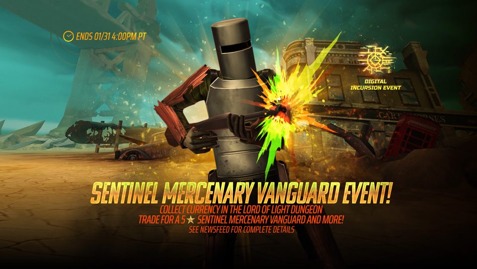 Sentinel Mercenary Vanguard Event. Collect Currency in the Lord of Light Dungeon. Trade for a 5* Sentinel Mercenary Vanguard in Iron Maiden Legacy of the Beast mobile game.