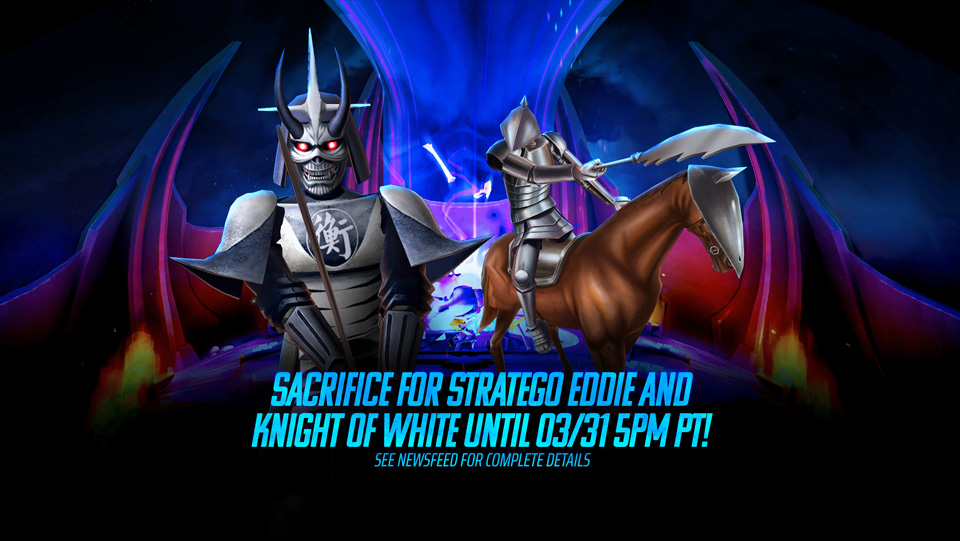 Sacrifice rewards in Legacy of the Beast mobile game for March 2023 feature the following 2 characters: Stratego Eddie and Knight Of White.