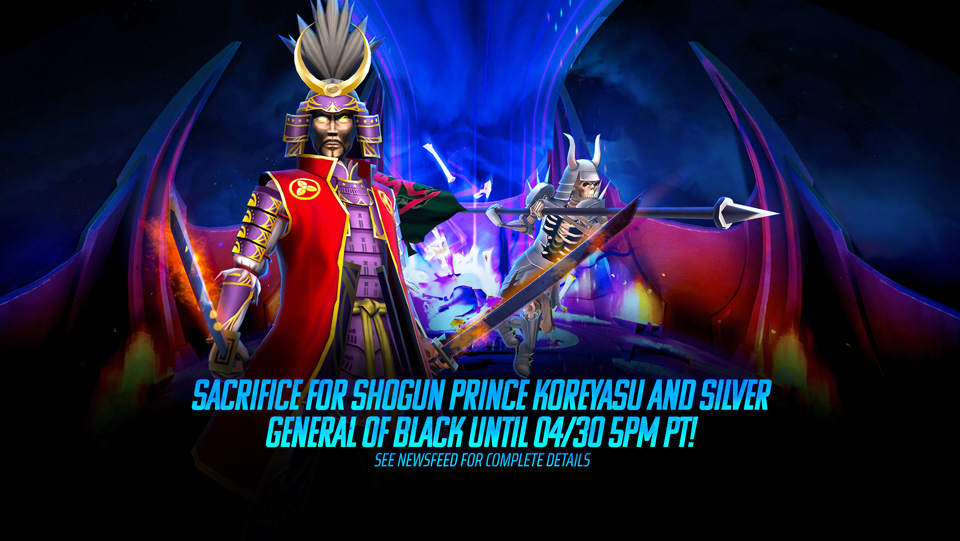 Sacrifice rewards for April 2023 feature the following 2 characters: Shogun Prince Koreyasu and Silver General Of Black in Legacy of the Beast.