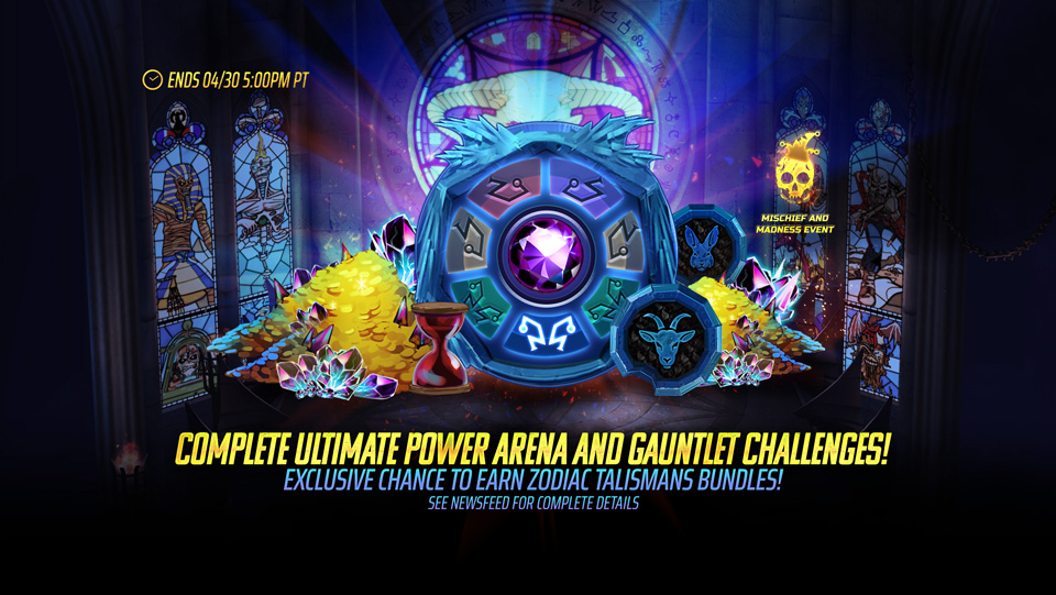 Complete event challenges in the Arena and Gauntlet for rewards including Gravox Ingots, various awakening shards, Iron Coins, Alchemical Elixirs and more! This event is the perfect opportunity to complete your set of Zodiac Talismans to outfit your team in the Legacy of the Beast mobile game.