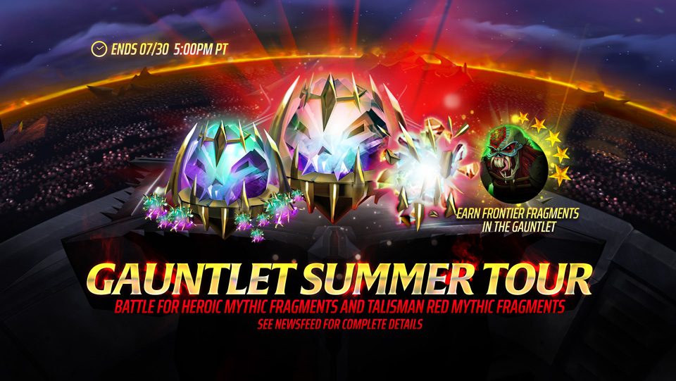 The Summer Tour starts now and will run until July 30th at 5pm PT. Battle through 11 Grades of Gauntlet, each presenting unique challenges and rewards to earn a place on our Ranked Leaderboard. The Ranked Rewards for this Special Tour will feature Heroic Mythical Soul Fragments, and Talisman Red Mythical Soul Fragments in Iron Maiden's Legacy of the Beast mobile game.