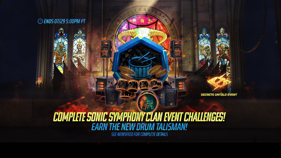 From now until July 29th at 5PM PT, complete event challenges for rewards including Concert TIckets, Iron Coins, Illicit Instructions and more! Concert Tickets are ALSO dropping in the Eternal Frontier Dungeon, Mayan Frontier Dungeon and Road to Valhalla Frontier Dungeon. You will receive 25 Concert Tickets for each successful completion of these Frontier Dungeons. Concert Tickets can be traded in store for the new Drum Talisman, Cosmic Talisman Bundles, Legendary Souls and more the in the Legacy of the Beast mobile game.