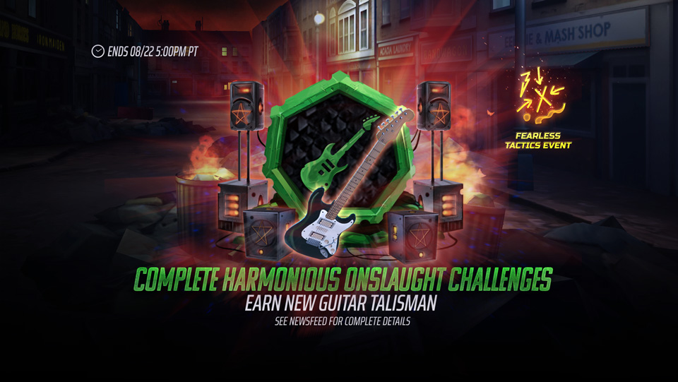 From now until August 22nd at 5PM PT, complete Clan event challenges and battle bosses to earn rewards such as Guitar Picks, Sentinel Awakening Shards, Ammunition Clips and more! Guitar Picks can also be earned by battling in the Fallen Fortress, Final Journey, Baphomet's Bar, Samurai, Mystic Nights, Powerslave, The Labyrinth, and Infernal Frontier Dungeons. Each successful run will award 15 Guitar Picks on Normal difficulty, 20 Guitar Picks on Hard and 25 Guitar Picks on Madness. Trade your Guitar Picks for Guitar Talismans, Cosmic Saga - Piece Of Mind Talismans, Cosmic Purity Talismans and more in the Legacy of the Beast mobile game.