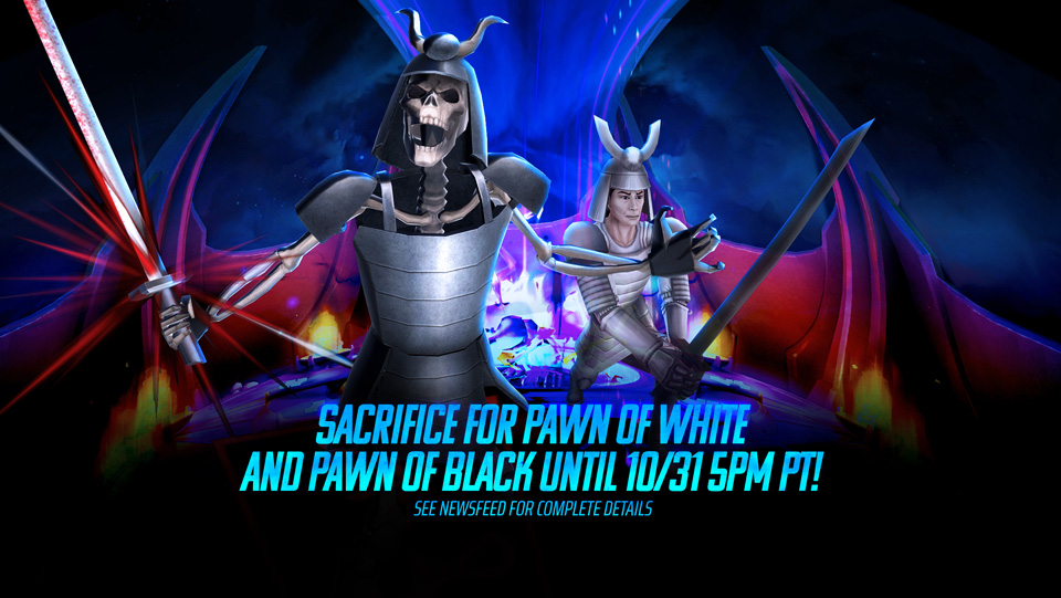 Sacrifice rewards for October 2023 feature the following 2 characters: Pawn Of White and Pawn Of Black! You’ll be able to trade your Sacrifice currency for a Cosmic Commander Talismans, Amulet Talismans and a series of packs that contain Sentinel Awakening Materials! These packs will give you the opportunity to get Sentinel Awakening Materials for every star tier to help Awaken one of your Sentinel characters!
