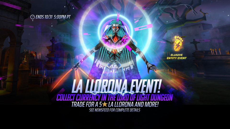 Crush the Lord of Light for event currency to earn a 5⭐character! From now until October 31st 5PM PT, each battle in the Lord of Light dungeons has a chance of dropping Spectral Remnants. Collect 5,000 and you can redeem them in the Event Store for your very own 5⭐ La Llorona, or trade 500 for a Assassin Legendary Soul and get a random 4 or 5⭐ Assassin character!