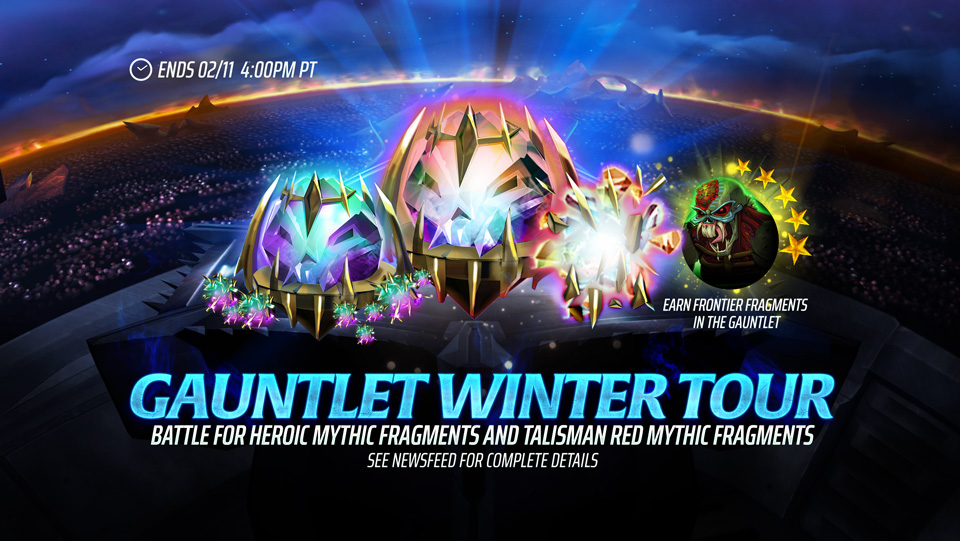 The Winter Tour starts now and will run until February 11th at 4pm PT. Battle through 11 Grades of Gauntlet, each presenting unique challenges and rewards to earn a place on our Ranked Leaderboard. The Ranked Rewards for this Special Tour will feature Heroic Mythical Soul Fragments, and Talisman Red Mythical Soul Fragments.
